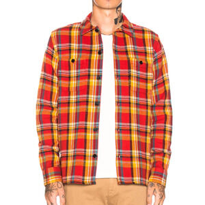 FRAME Denim Men's Button up Flannel Shirt Jacket in Dark Rouge multi cotton sz S